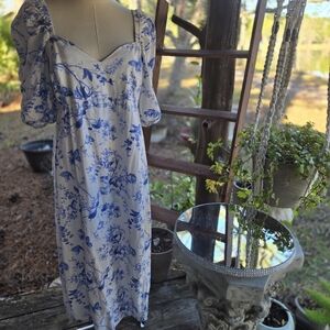 H&M Mama Blue And White French Toile Poof Sleeve Maxi Dress Size Large